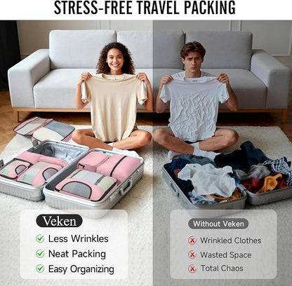 Veken 10 Set Packing Cubes for Travel Essentials,Anti-Wrinkle Buckled Suitcase Organizer for Shoe & Toiletry Bag,Carry On Luggage Bag with 99+ Count Mesh Holes for Airplane & College Dorm Accessories