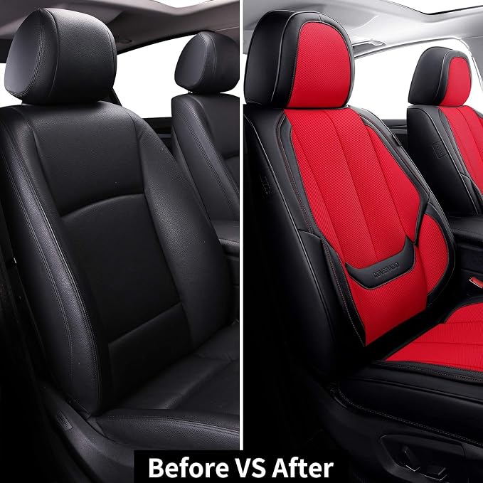 Coverado Front Seat Covers, Universal Seat Covers for Cars, Breathable Fabric&Leather Car Seat Protector, Front Car Seat Covers, Seat Covers Waterproof, Driver Seat Cover Fit for Most Cars, BlackRed