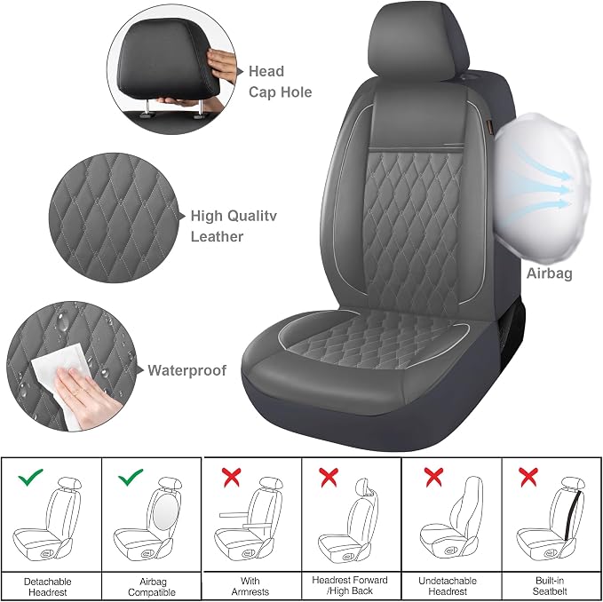 CAROMOP Faux Leather Car Seat Covers 2 Front Set,Luxury and Comfortable Seat Covers for Cars, Airbag Compatible Car Interior Covers, Universal Fit for Suvs,Vans,Trucks(Grey)