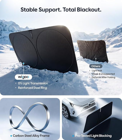 Wigoo 2026 Upgrade Universal Car Windshield Sun Shade [100% Light Block, Durable 210D Oxford] Foldable Heat Insulation Interior Sun Visor to Keep Interior Cool with Storage Bag, XS(59"x21")