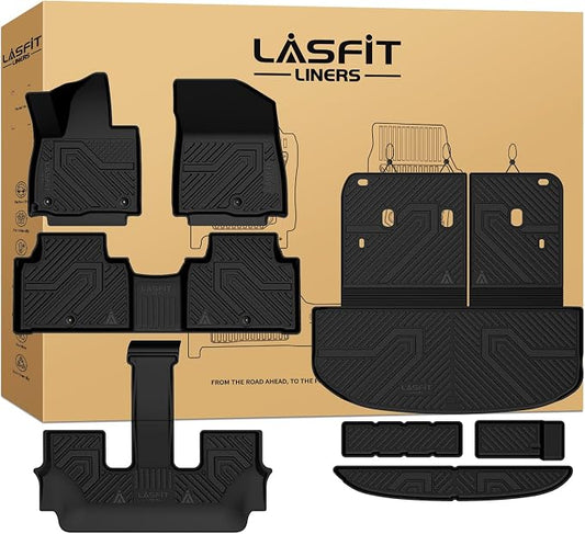 LASFIT Floor Mats & Backrest Mats & Cargo Mat for Kia Telluride Gas 2027 (Not Fit Hybrid), All Weather TPE Custom Fit Floor Liners with Full Set Car Mats & Trunk Mats Accessories, Black