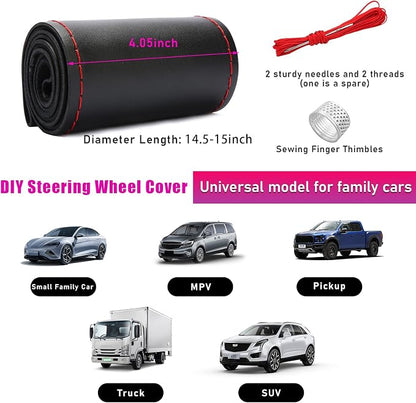 Ziciner Genuine Leather Steering Wheel Cover, Stitch on Wrap, Breathable Anti-Slip Car Steering Wheel Protector for Max Diameter 15 Inch, DIY Sewing with Needles Thread (Black/Red Line, Glossy)