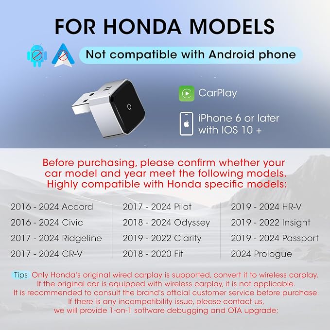 Wireless Carplay Adapter for iPhone, Convert Wired to Apple Carplay Wireless Adapter, Mini Size, Plug and Play, Connection Stable No Delay Car Play for Honda Special Models