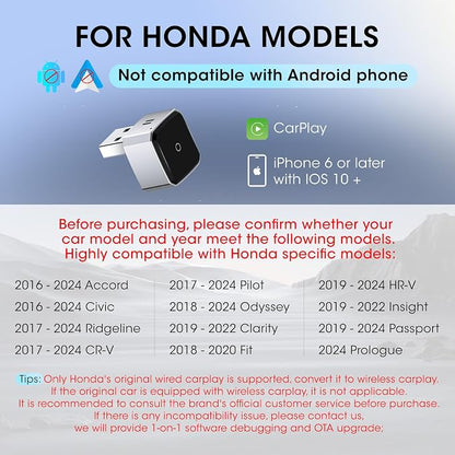 Wireless Carplay Adapter for iPhone, Convert Wired to Apple Carplay Wireless Adapter, Mini Size, Plug and Play, Connection Stable No Delay Car Play for Honda Special Models
