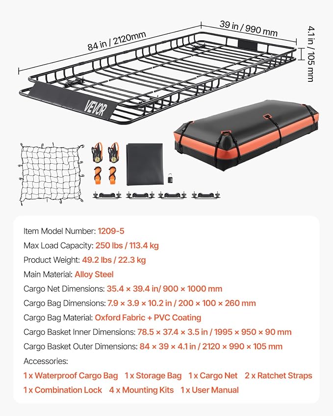 VEVOR Roof Rack Basket, 84 x 39 x 4.1 in, Universal Rooftop Cargo Carrier with 7.9 x 3.9 x 10.2 in Cargo Bag, Net, Ratchet Straps, 250 lbs Max Load Capacity Car Top Luggage Holder, for SUV Truck Car