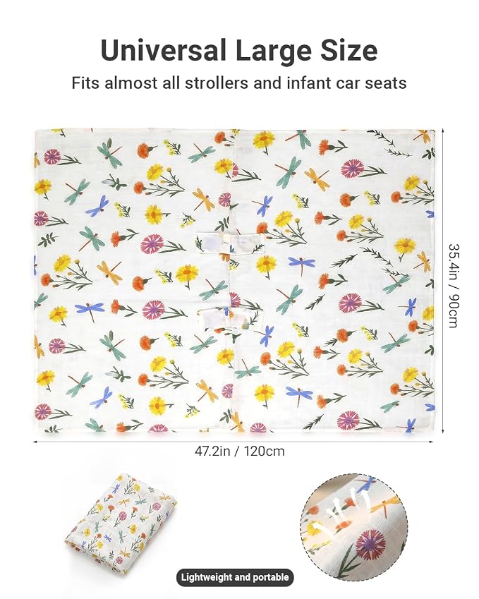 Rquite Infant Car Seat Cover for Babies Girls, 100% Muslin Cotton Carseat Canopy, Breathable Stroller Sun Shade, Baby Shower Gift & Newborn Essentials, Universal Fit Summer & Hot Weather (Floral)