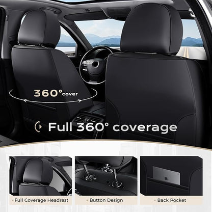 Coverado Car Seat Covers Full Set, Front Seat Covers with Lumbar Support and Back Seat Cover Waterproof Leather Automotive Seat Cover, Universal Car Interior Protectors Cushion for Most Cars