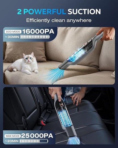 Zefiro Compact Powerful Cordless Handheld Vacuum, Rechargeable Portable Car Vacuum for Car & Pet Hair, Brushless Motor 25000PA High Suction, XL Dust Cup, 2 Brushes & Filters, Long Runtime with Charger