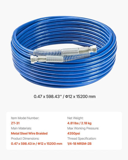 VEVOR 50ft Airless Paint Sprayer Hose, 1/4 in Universal Airless Paint Spray Hose, 4350 PSI High Pressure Flexible Airless Sprayer Hose, Multi-Layer Reinforced Steel Wire Braid Hose for Paint Sprayer