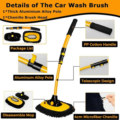 WillingHeart 15° Curved Car Wash Brush with Long Handle 43" Extension Pole RV Truck Microfiber Cleaning Mop Auto SUV Wheel Boat Exterior Interior Detailing 2 in 1 Carwash Duster Not Hurt Paint, Yellow