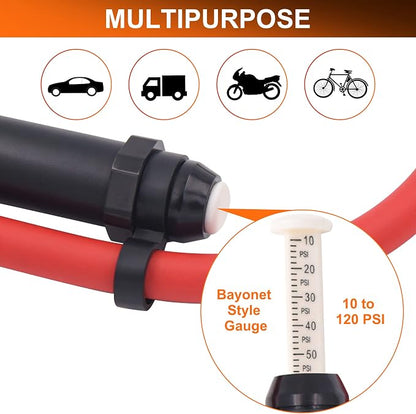 Tire Inflator 10-120 PSI Tire Pressure Gauge with 12 Inch Air Hose，Lock on Air Chuck, Heavy Duty 1/4'' NPT Tire Inflator Gauge Compatible with Air Pump Compressor for Car Truck Motorcycle Bike