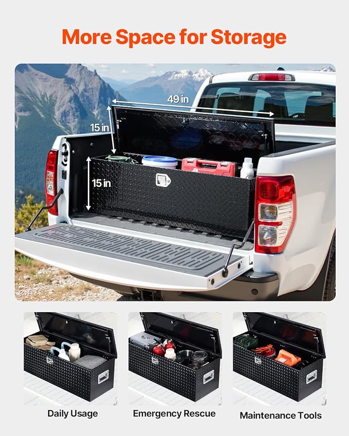 VEVOR Heavy Duty Aluminum Truck Bed Tool Box, Diamond Plate Tool Box with Side Handle and Lock Keys, Storage Toolbox Chest Organizer for Trailer, Pickup, Truck Bed, RV, 49"x15"x15", Black