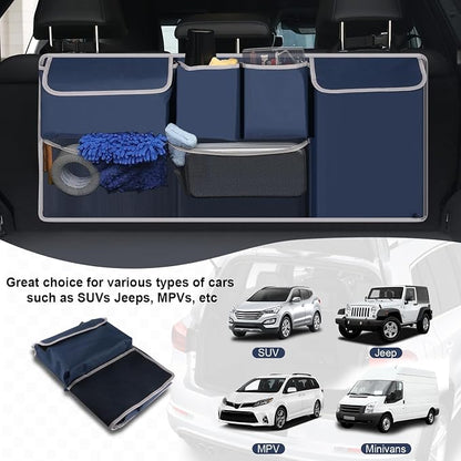 UYYE Trunk Hanging Organizer, Backseat Storage Bag, Collapsible Car Interior Accessories with 4 Pockets & 2 Mesh Pouches for Tools, Provide More Storage Trunk Space for SUV, Jeep, MPVs (Drak Blue)
