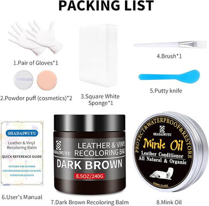 SHADAIWUYU 8.5oz Leather Recoloring Balm with 100ml Mink Oil,Dark Brown Leather Repair kit for Furniture and Car Interior,Leather Couch Scratch Repair,Leather Dye Paint,Mink Oil for Leather
