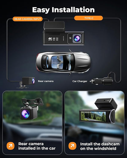UVVlO Dash Cam Front and Rear - 2026 Upgrade 4k/2k FHD Dash Camera for Cars - 3.59" lPS Display Dual Dashcam w/Free 64GB Card, 5.8GHz WiFi, GPS, Emergency Lock, WDR, Night Vision, 24H Parking Mode
