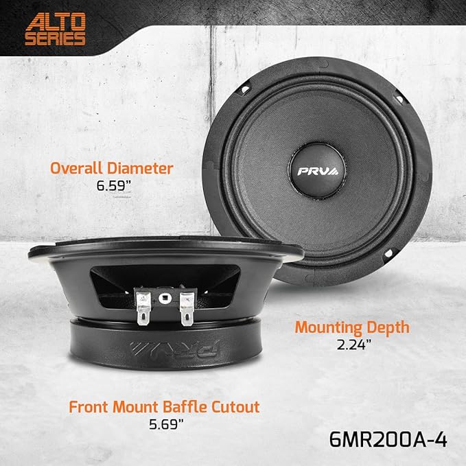 PRV AUDIO 6.5 Inch Shallow Midrange Speaker, 6MR200A-4, 200 Watts, 4 Ohm Shallow Mount Car Audio Slim Speaker, 1.5 in Voice Coil, Compact for Doors (Single)