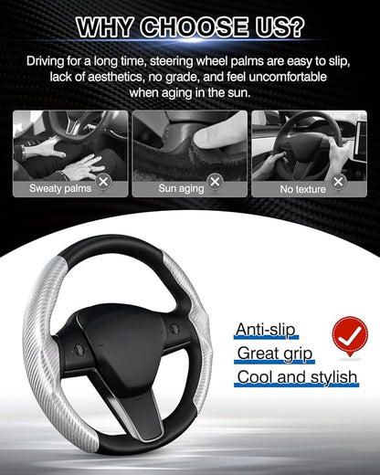 Canvcle Steering Wheel Cover for Tesla Model 3/Model Y Accessories Carbon Fiber Steering Wheel Cover Protector Anti-Slip, Comfortable Grip, Breathable, Model 3/Y Accessories