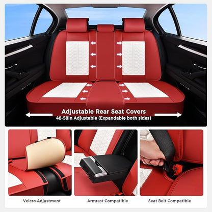 Huidasource Seat Covers for Cars, Leather Car Seat Covers Front and Rear Seat Full Set, Automotive Car Seat Cushion Covers Protector 5 Seats Fit for Most Cars SUV Trucks, Red & White