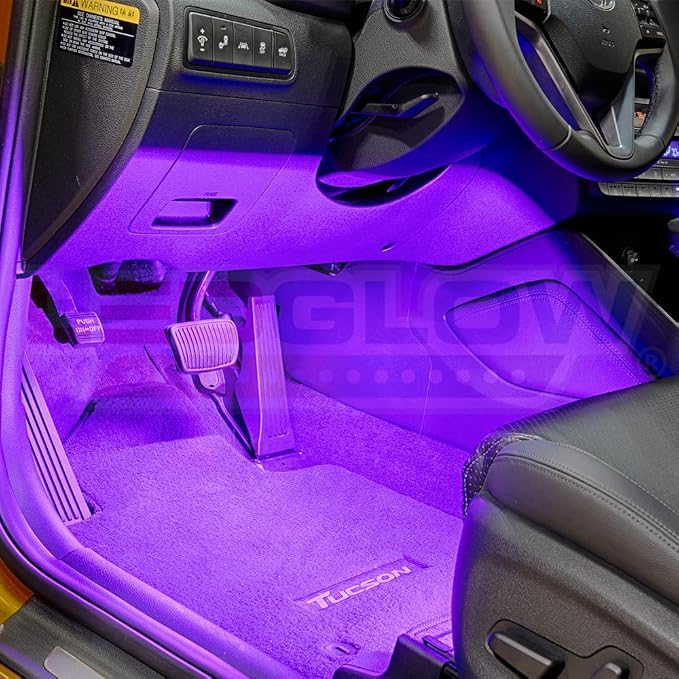 LEDGlow 4pc Purple LED Interior Footwell Underdash Neon Lighting Kit for Cars & Trucks - 7 Unique Patterns - Music Mode - 8 Brightness Levels - Auto Illumination - Includes Cigarette Power Adapter