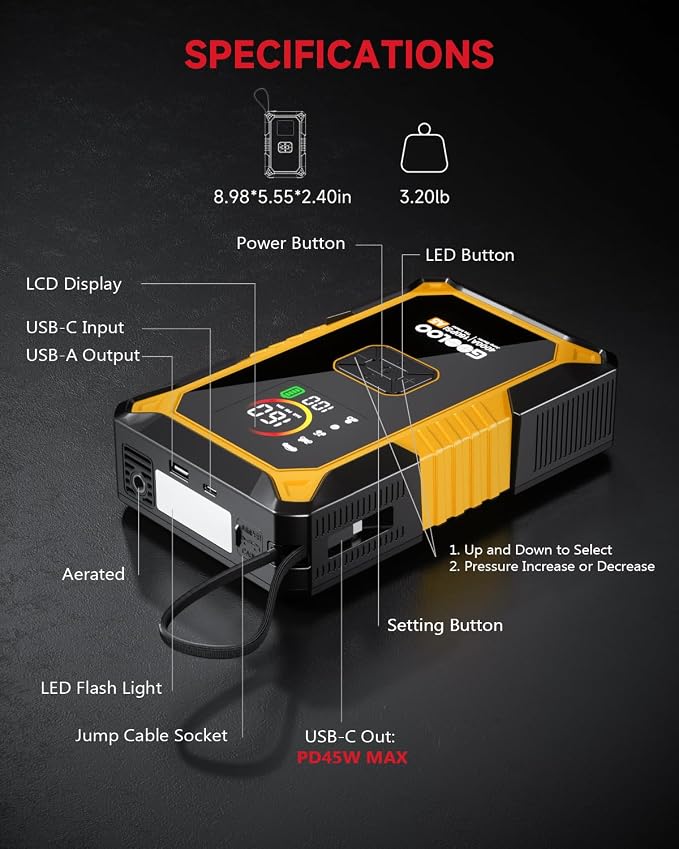 GOOLOO A5 Car Jump Starter with Air Compressor, 4000A Portable Car Jump Starter (All Gas/10.0L Diesel) with 160PSI Auto-Off Tire Inflator, 45W PD Fast Charging,12V Battery Jumper Starter Portable