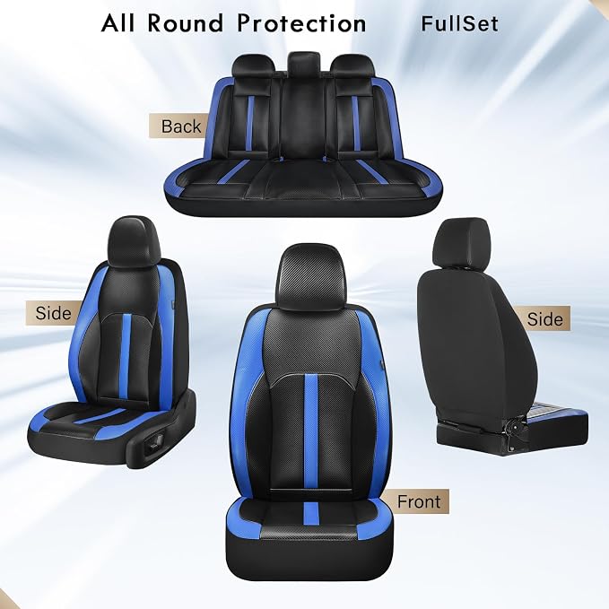 Coverado Leather Car Seat Covers Full Set & Carbon Fiber, Waterproof and Durable All Weather Protector, Universal Fit for SUV, Pickup Truck, Sedan, Automotive Vehicle Interior, Black&Blue