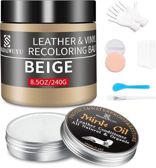 SHADAIWUYU 8.5oz Leather Recoloring Balm with 100ml Mink Oil,Beige Leather Repair kit for Furniture and Car Interior,Leather Couch Scratch Repair,Leather Dye Paint,Mink Oil for Leather