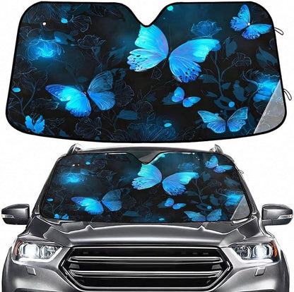 Windshield Sun Shade Blue Glowing Butterfly Dark Front Window Block UV Shades Visor Reflective Retractable for Car SUV Trucks