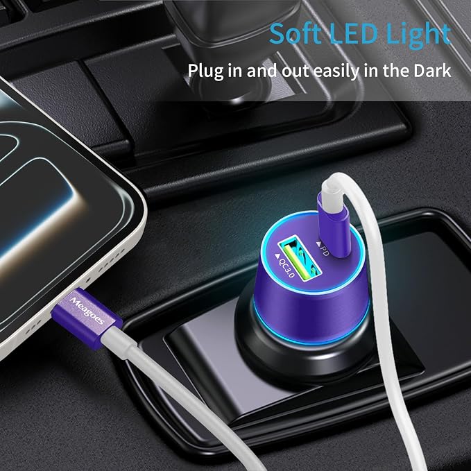 67.5W Purple Car Charger USB C Super Fast Charging, 45W USBC&QC3.0 Port Plug for iPhone 17 Pro Max/Air/16/15/iPad, Samsung S26 Android Cell Phone, Dual 12V Cigarette Lighter Adapter+3.3ft Type C Cable