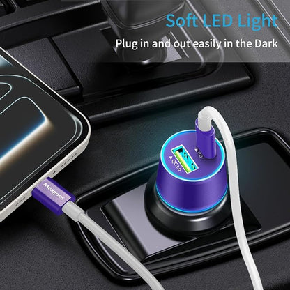 67.5W Purple Car Charger USB C Super Fast Charging, 45W USBC&QC3.0 Port Plug for iPhone 17 Pro Max/Air/16/15/iPad, Samsung S26 Android Cell Phone, Dual 12V Cigarette Lighter Adapter+3.3ft Type C Cable