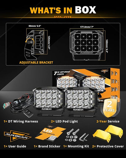 Auxbeam V-MAX Series LED Pod Lights, 7x5 Inch 204W Rectangle Offroad Driving Spotlight with Amber DRL & Backlight, 270° Side Shooter Ditch Auxiliary Spot Flood Combo Beam for Truck Jeep Pickup SUV ATV