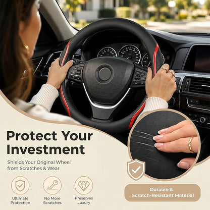 Steering Wheel Cover Black Red, Carbon Fiber Car Steering Wheel Covers with Coasters Universal 14.5-15 inch Leather Microfiber Breathable Anti-Slip Steering Wheel Accessories Set