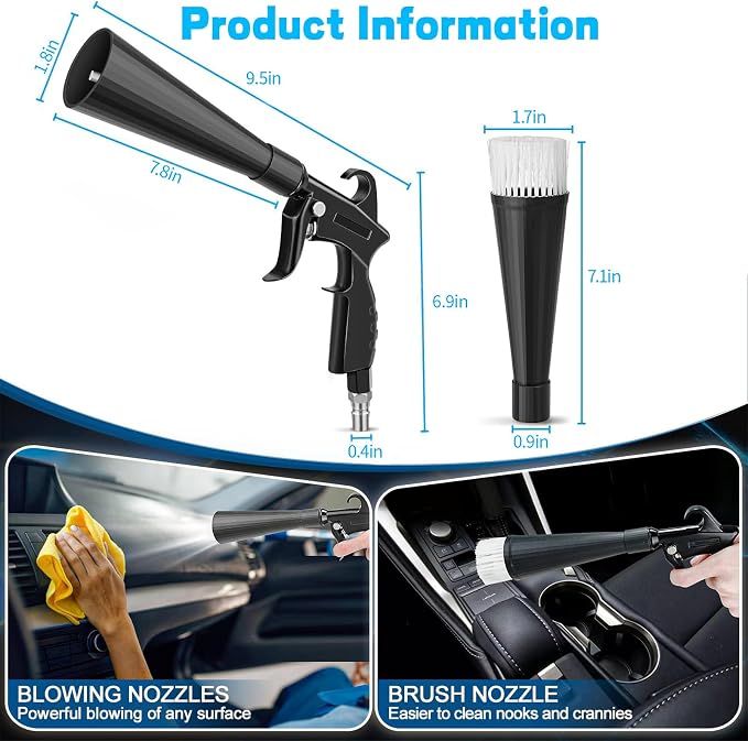 JUSTHERE Detailing Car Cleaning Gun Interior Dryer Air Blow Gun, High Pressure Blower Gun with 5 Pcs Brushes for Auto Carpet Seats Dashboard Console Cleaning