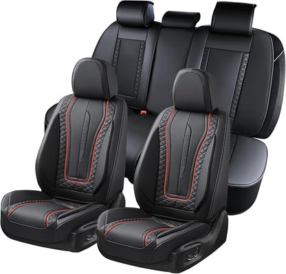 Coverado Car Seat Covers Full Set, Leather Seat Coversfor Cars, Front and Back Seat Covers, Waterproof Car Seat Protectors Car Seat Cushions Universal for Most Vehicles, Black&Redline