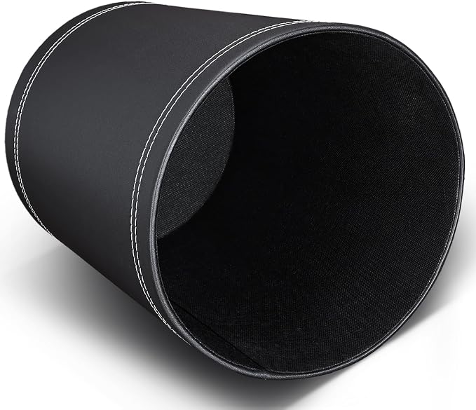 KINGFOM 3 Pack PU Leather Small Office Trash Can Wastebasket, Round Garbage Container Bin for Bathrooms, Powder Rooms, Kitchens, Home, Bedroom, High-Class Hotel, Black