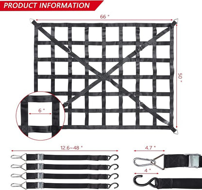 Surmountway Heavy Duty Cargo Net - 66" x 50", 1100LBS Capacity, Cam Buckles & S-Hooks, Fits Pickup Truck & Trailer Beds