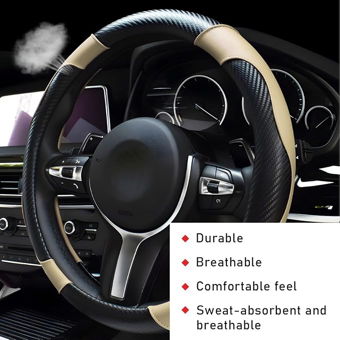 povtii Car Steering Wheel Cover, 15 Inch Leather Breathable Auto Steering Wheel Protector, Comfortable Non-Slip Vehicle Steering Wheel Covers, Universal Car Accessories (Beige, with Lining)
