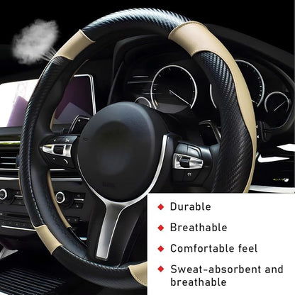 povtii Car Steering Wheel Cover, 15 Inch Leather Breathable Auto Steering Wheel Protector, Comfortable Non-Slip Vehicle Steering Wheel Covers, Universal Car Accessories (Beige, with Lining)