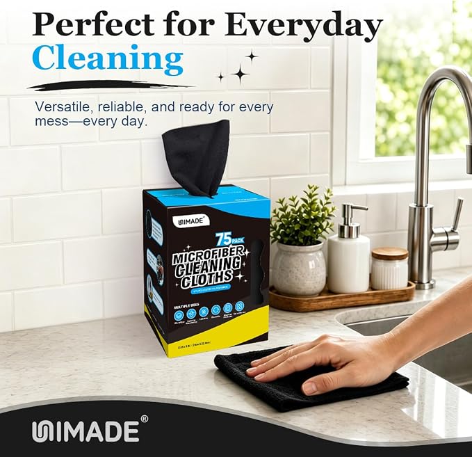 UNIMADE Microfiber Cleaning Cloth, 75 Sheets Microfiber Towels for Cars Commercial Grade Washcloths Lint-Free Bulk Shop Towel Cleaning Rags for Household Restaurant Garage Housekeeping, 11"x 9", Black