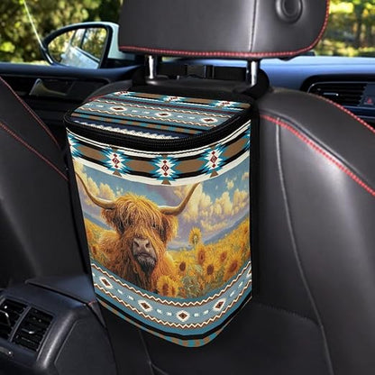 Talayituse Aztec Highland Cattle American Tribal Print Car Trash Can, Auto Garbage Bin with Adjustable Straps, Foldable Car Trash Bin Hanging Storage Organizer Bag Container for Camping Picnic
