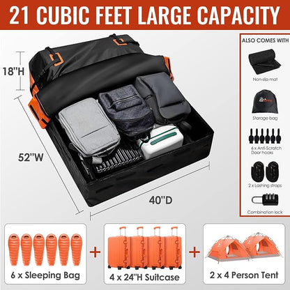 Car Rooftop Cargo Carrier Bag, 21 Cubic Feet 100% Waterproof Heavy Duty 840D Car Roof Bag for All Vehicle with/Without Racks - Anti-Slip Mat, 6 Door Hooks, Storage Bags, 2 Extra Straps, Luggage Lock