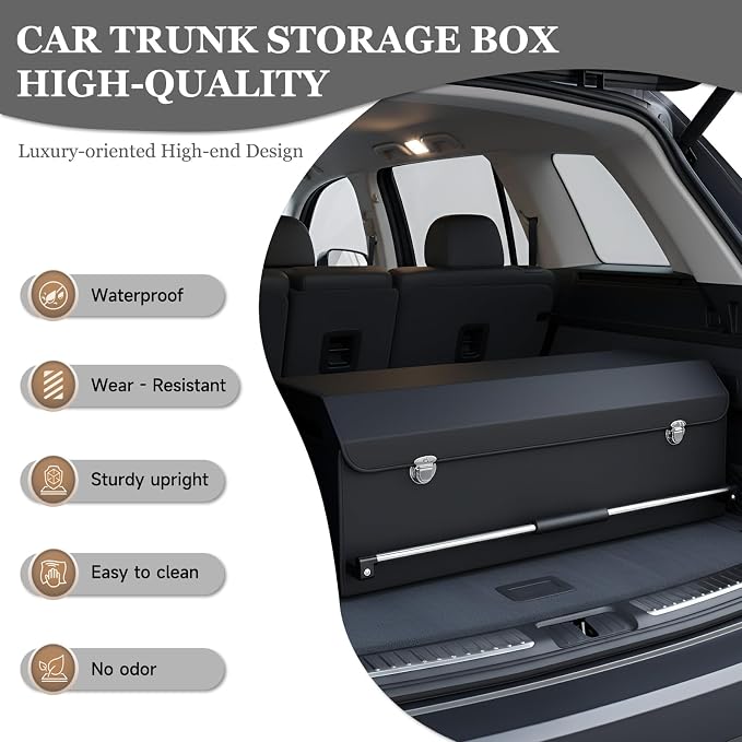 Car Trunk Organizer, Leather Car Trunk Storage Organizer with Lid and Sturdy Handle Car Organizer Storage Box Suv Trunk Organizer (Black, 32.3 x 11.4 x 12.2in)