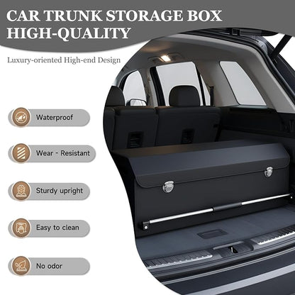 Car Trunk Organizer, Leather Car Trunk Storage Organizer with Lid and Sturdy Handle Car Organizer Storage Box Suv Trunk Organizer (Black, 32.3 x 11.4 x 12.2in)