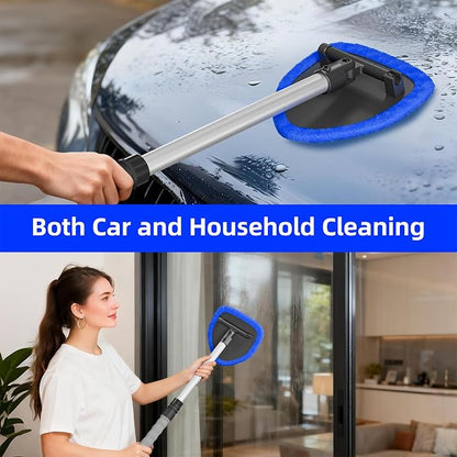 Windshield Cleaner Tool with Extendable Aluminum Handle (Up to 19.7"), Streak-Free Auto Glass Cleaning Kit with 4 Thick Microfiber Pads & Spray Bottle, Inside Window Defogger Accessories