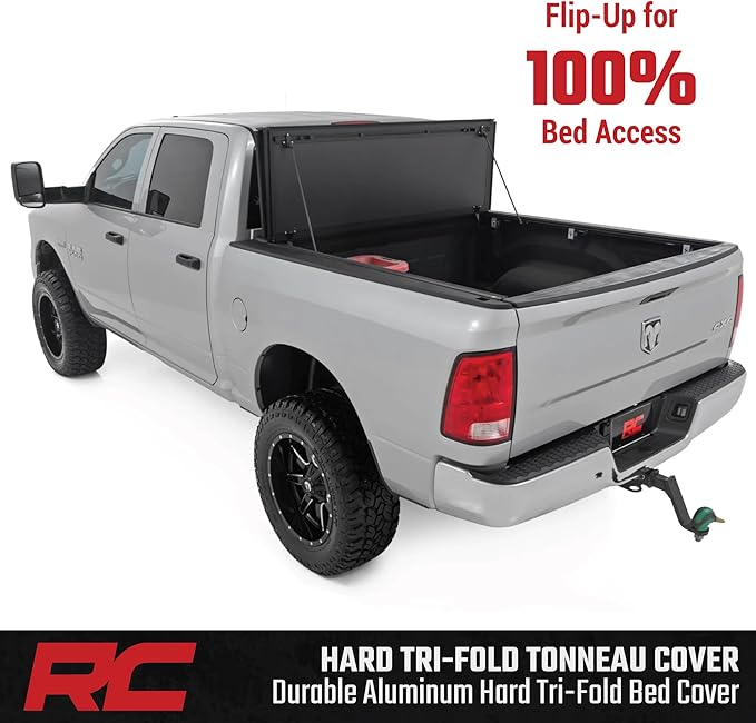 Rough Country Hard Flip Up Truck Bed Tonneau Cover for Dodge Ram 1500 (2009-2018) & 2500 (2010-2025) - Aluminum Tri-Fold Bed Cover, Fits 6'4 (76.3") Bed