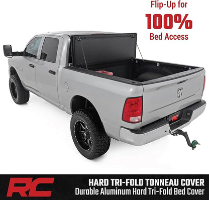 Rough Country Hard Flip Up Truck Bed Tonneau Cover for Dodge Ram 1500 (2009-2018) & 2500 (2010-2025) - Aluminum Tri-Fold Bed Cover, Fits 6'4 (76.3") Bed