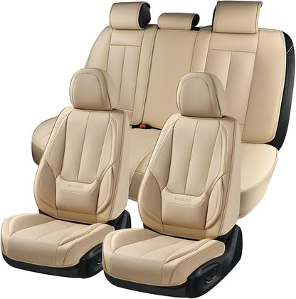 Coverado Car Seat Covers Full Set, Seat Covers for Cars, Beige Car Seat Covers Front Seats and Back Car Seat Protector Waterproof, Leather Car Seat Cushion Universal Fit for Most Cars
