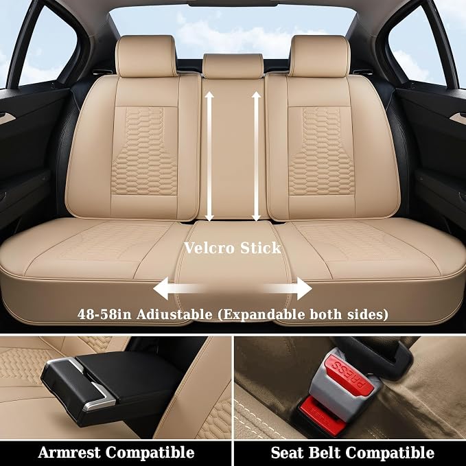 Coverado Car Seat Covers Full Set, Nappa Leather Seat Covers for Cars, Waterproof Automotive Car Seat Covers Interior Accessories Universal Fit Most Sedans, SUVs, Pick-up Trucks(Beige)