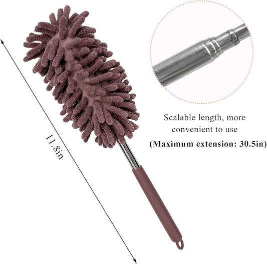 2PCS Car Interior Duster with Extension Pole, 11.8" to 30.5" Retractable Dusters Auto Dash Cleaning Tool, Soft Chenille Hand Washable Dusters for Car Window Furniture Office (Khaki)