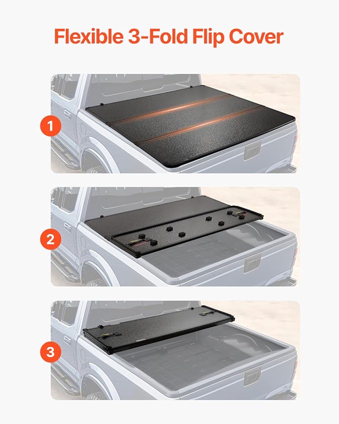 VEVOR Tri-Fold Truck Bed Tonneau Cover, Compatible with 2015-2024 Ford F-150, 6.5' (79") Bed, Only Fit 6.5' x 5.4' (79" x 65.2") Inside Bed, 400 lbs Load Capacity, LED Light, Quick Folding, Black