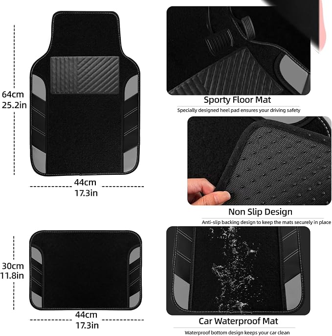 NBTEPEM 10 Pcs Car Floor Mats Full Set & Sport Leather Steering Wheel Cover 14.5-15 inch, Center Console Cover, Seat Belt Cushion, Cup Holder Coaster, Universal Automobile Interior Sets (Grey)